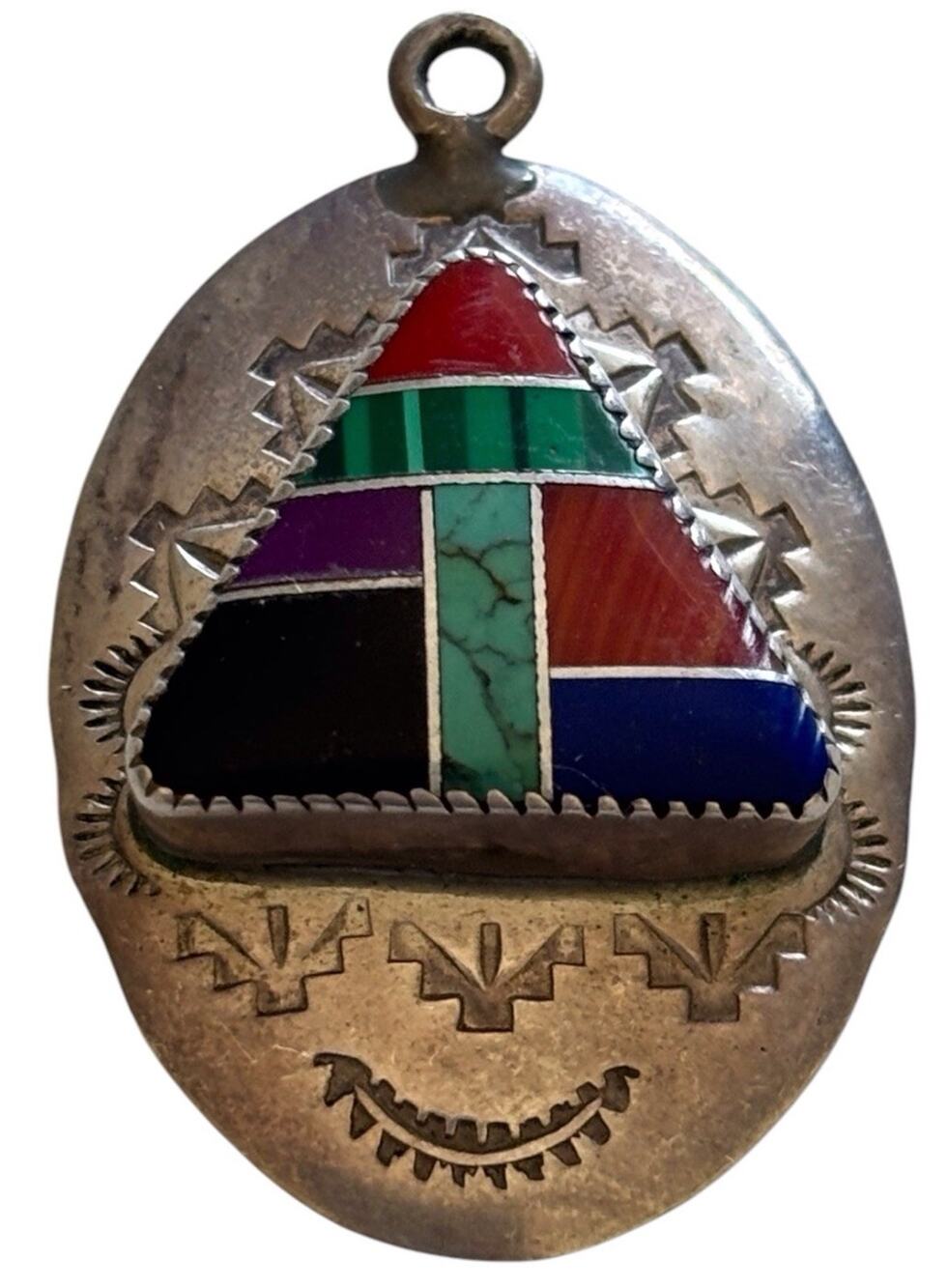 Navajo Sterling Silver Inlay Mosaic Triangle Pendant Pictorial Horse Maker Mark